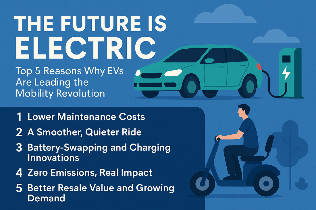 Infographic showing a teal electric car charging and a man on a scooter, with the title “The Future Is Electric” and five listed benefits of EVs.