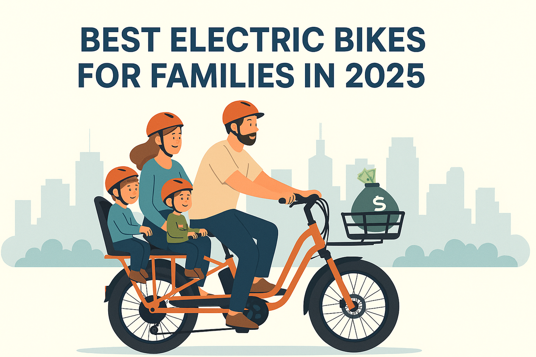 Flat-style illustration of a family riding an electric cargo bike with children on board, showing a fun, safe, and practical way to commute together in 2025.
