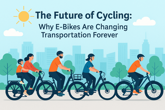 Flat-style illustration showing diverse electric bike riders—commuters, families, and urban travelers—symbolizing the growing future of e-bike transportation.