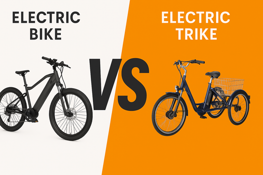Digital comparison graphic showing the key differences between a two-wheel electric bike and a three-wheel electric trike.