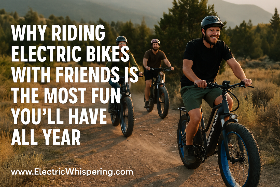 Group of friends riding high-power fat tire electric bikes off-road through a scenic trail, enjoying outdoor adventure and freedom together.