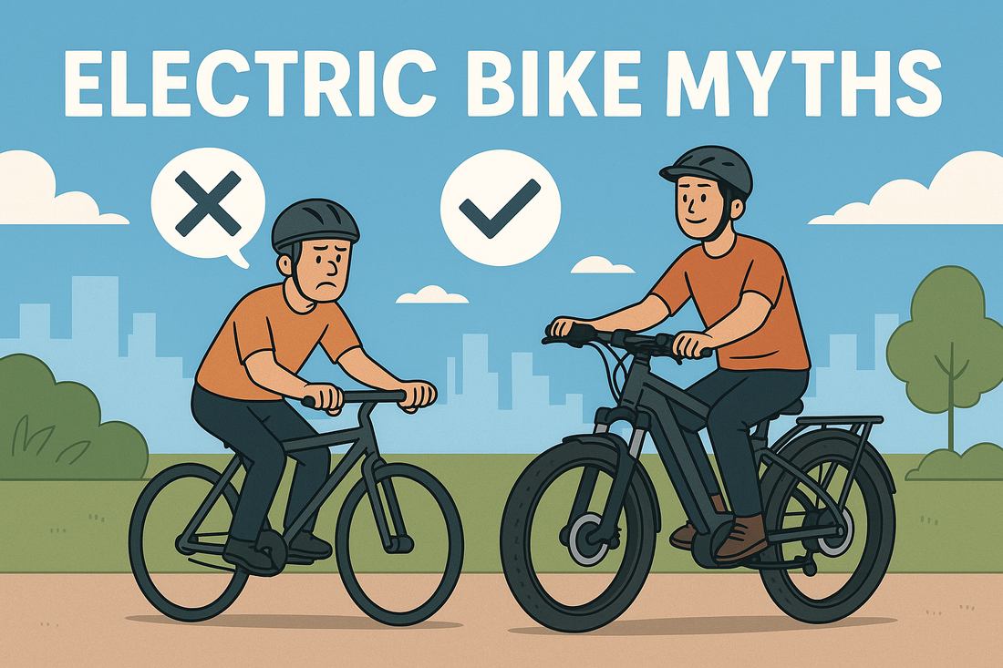 Digital illustration showing a person removing myths like 'Too Expensive' and 'Not for Me' to reveal an electric bike behind them, symbolizing e-bike myth-busting.