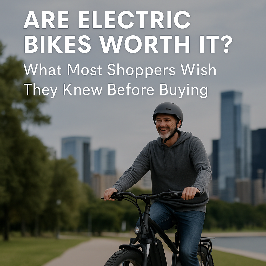 Modern electric bike rider comparing features and costs, with icons representing savings, battery life, commuting, and environmental benefits.