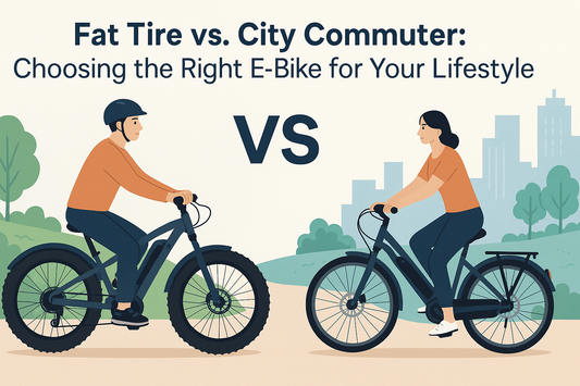 Side-by-side illustration of a fat tire electric bike and a city commuter e-bike, highlighting differences in tire size, riding posture, and terrain usage.
