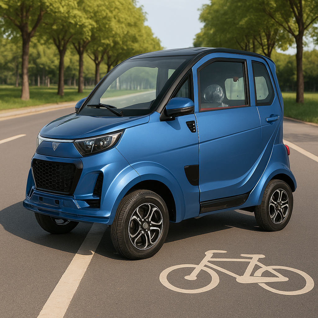 Blue Q-Express enclosed mobility scooter parked in a designated bike lane on a clean, tree-lined suburban road under a clear blue sky.