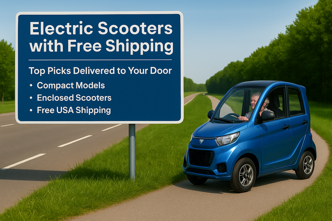 Senior man drives a compact enclosed electric scooter on a quiet road next to a sign promoting free USA shipping for electric scooters.