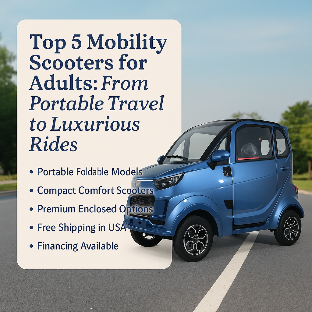 Blue enclosed mobility scooter parked on a smooth road beside a sign that reads “Top 5 Mobility Scooters for Adults: From Portable Travel to Luxurious Rides,” with listed features like foldable models, compact scooters, and free USA shipping.