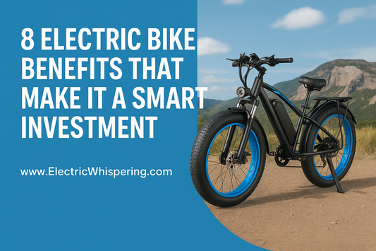A black PHILODO electric fat tire bike with blue rims is showcased on the right side of the image against a mountainous background. The left side features promotional text on a bold blue overlay with the website ElectricWhispering.com.