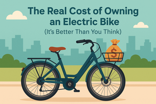 Flat-style illustration of an electric bike with a front basket carrying a bag of money, set against a colorful background representing cost savings and smart commuting.