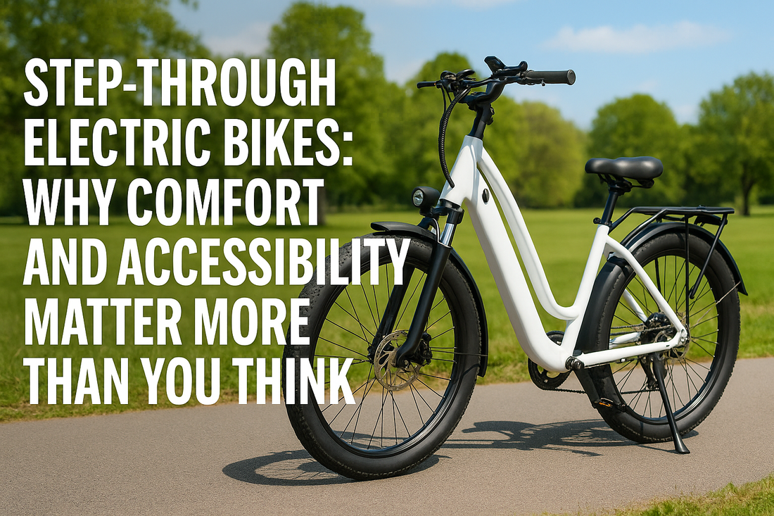 White step-through electric bike parked on a smooth path in a green park, highlighting its low-frame design and upright comfort features.
