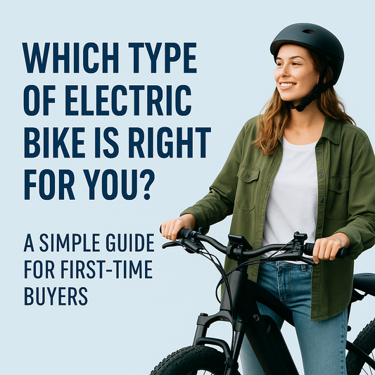Illustration of different electric bike styles including fat tire, city commuter, folding, and cargo e-bikes with diverse riders in an outdoor setting.