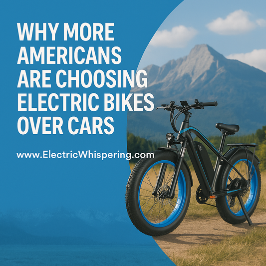 Electric bike with blue fat tires displayed in front of a mountain landscape with promotional text about 2-wheel e-bikes.