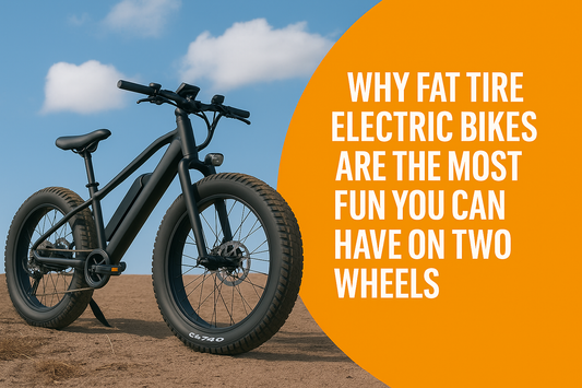 Black fat tire electric bike parked on dry terrain under a blue sky, with bold orange banner reading “Why Fat Tire Electric Bikes Are the Most Fun You Can Have on Two Wheels.”