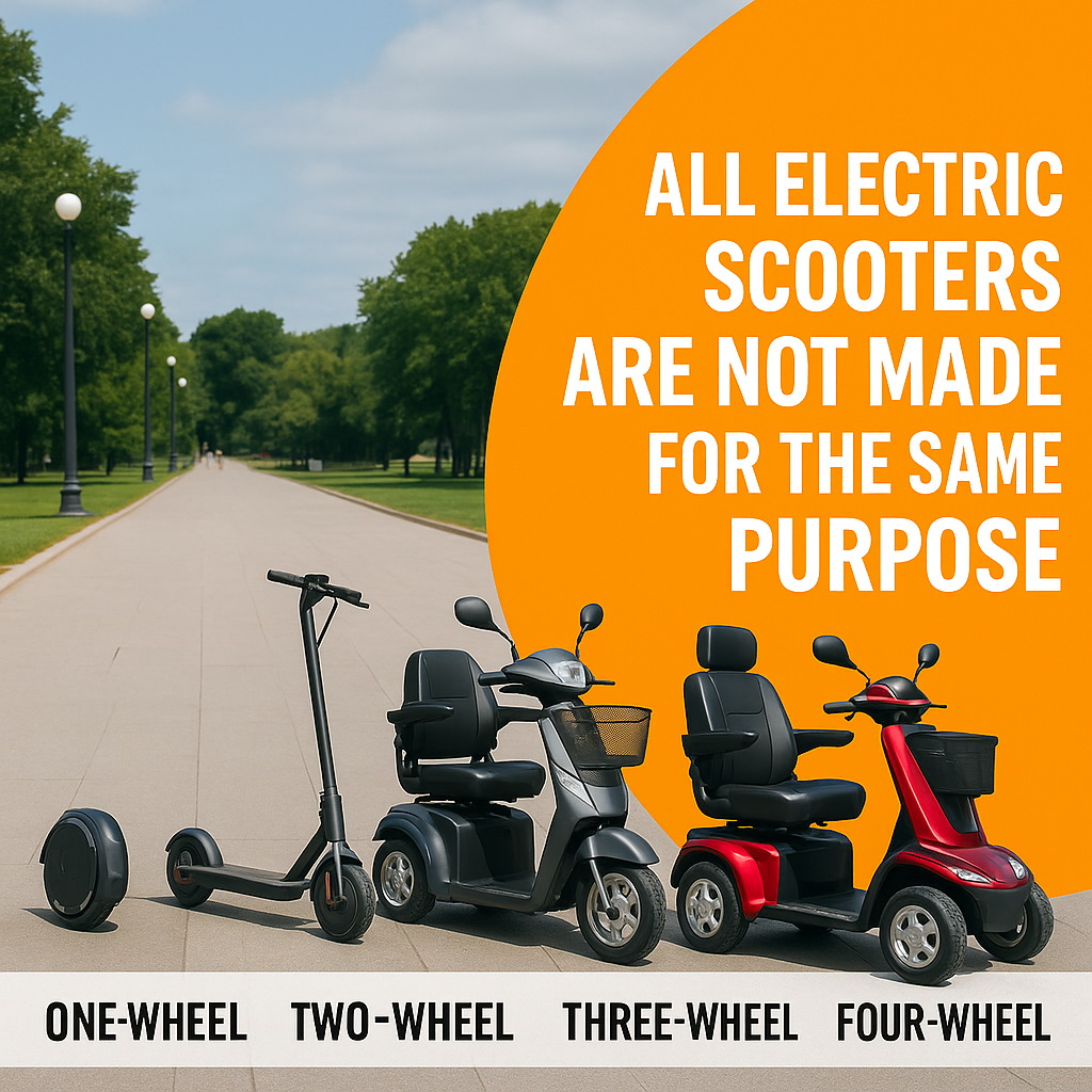 Infographic showing 1 to 4-wheel electric scooters, comparing features for transport, recreation, and mobility use.