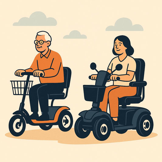 Illustration of an elderly man on a 3-wheel scooter and a woman on a 4-wheel scooter, riding together under a soft sky on a beige background.