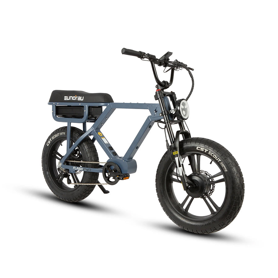 Blue Eunorau Flash e-bike angled front view