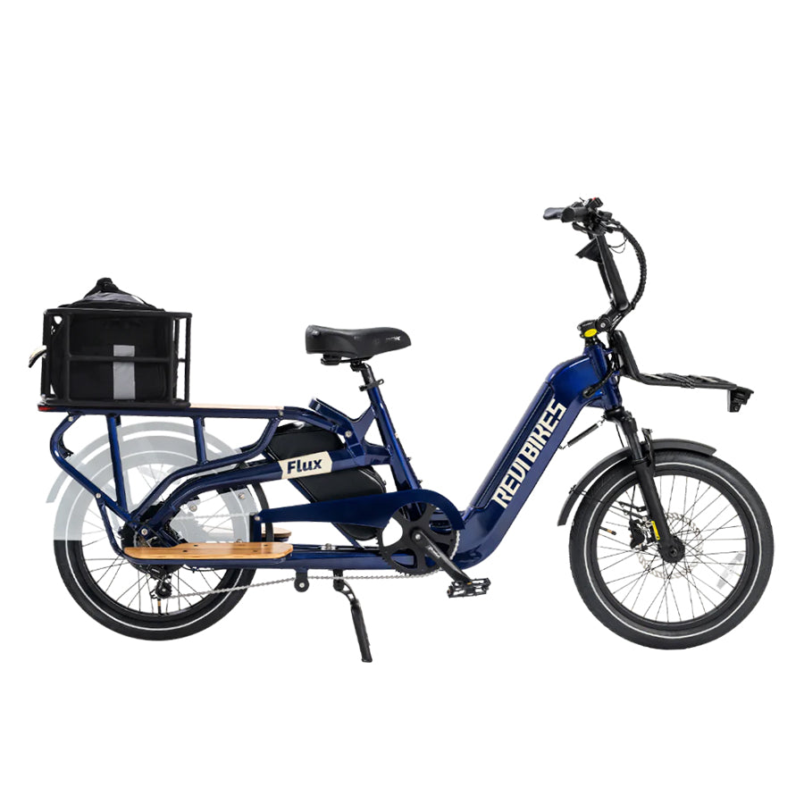 Nebula Revi Bikes Flux, 750W cargo electric bike with kickstand with rear panniel bag, right-facing.