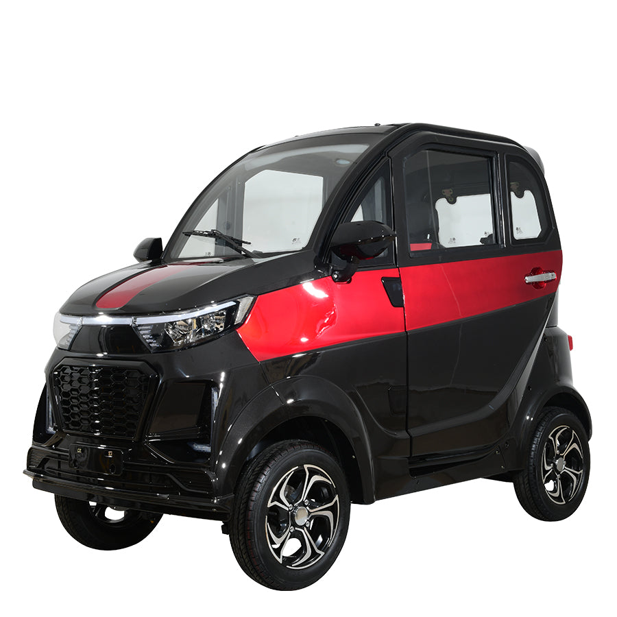 Black and red compact electric vehicle, side view