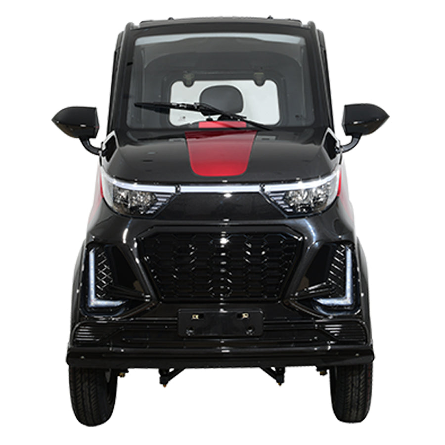 Black and red compact electric vehicle, front view