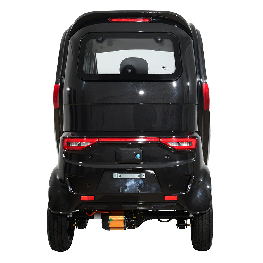 Black compact electric vehicle, rear view