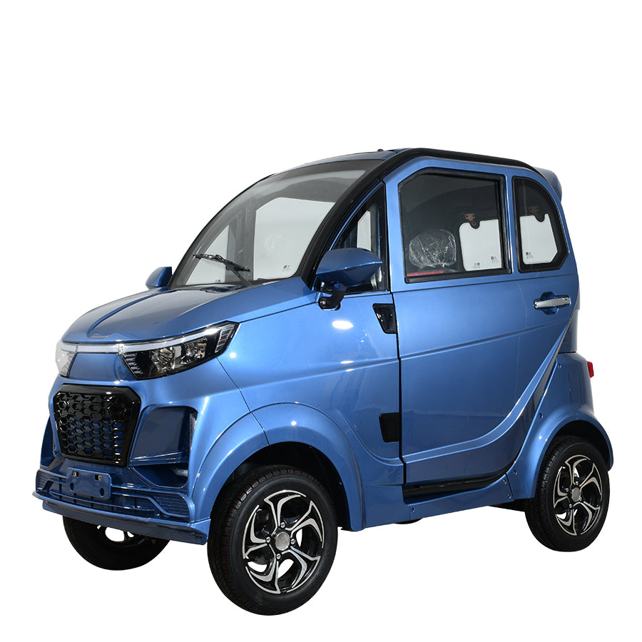 Blue compact electric vehicle, side view