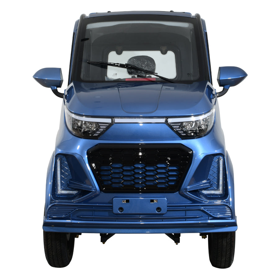 Blue compact electric vehicle, front view