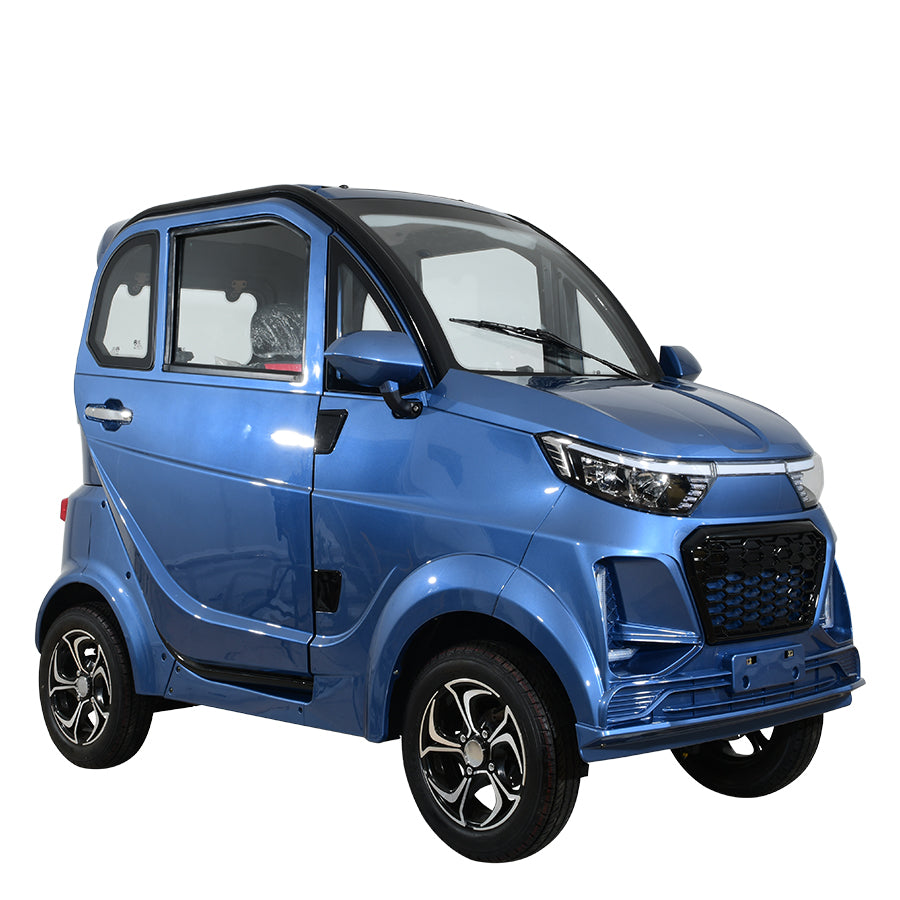 Blue compact electric vehicle, angled view