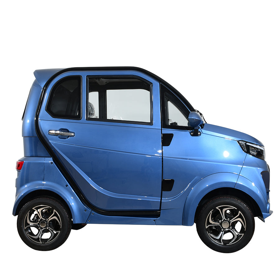 Blue compact electric vehicle, side profile