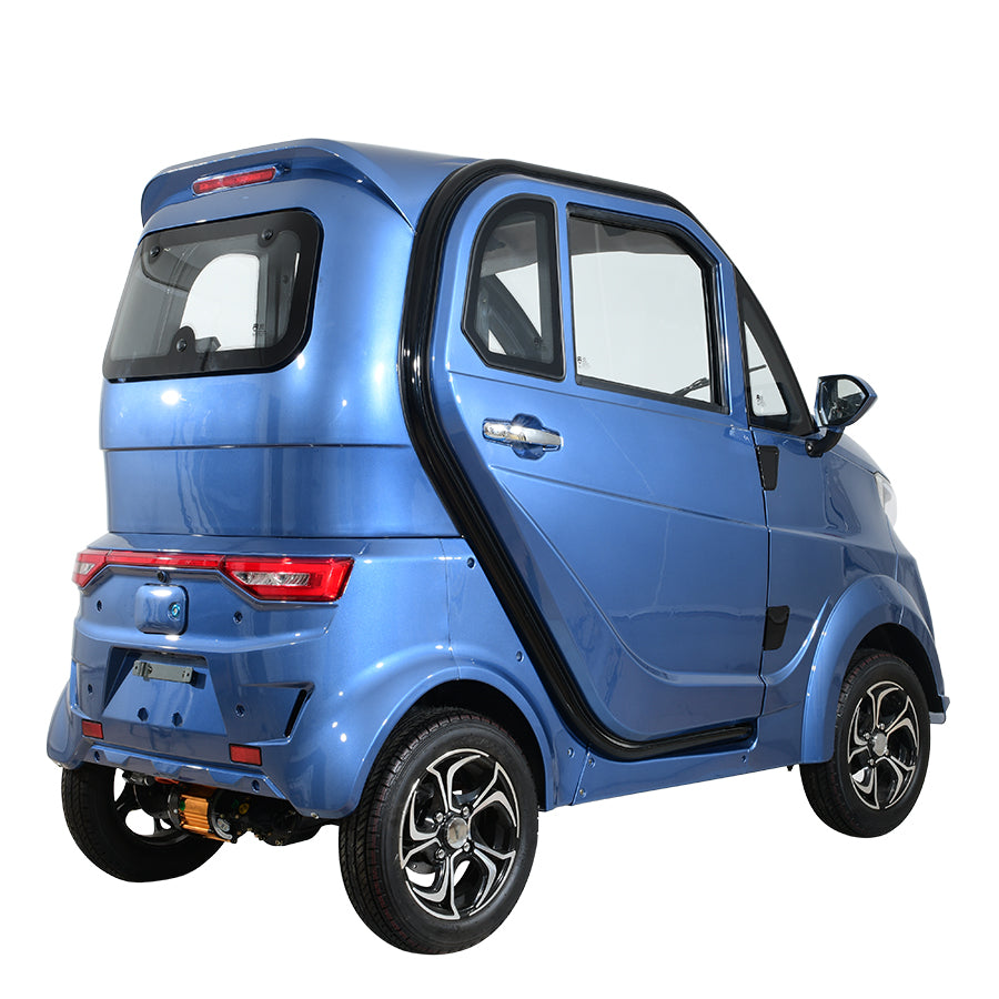 Blue compact electric vehicle, rear angled view
