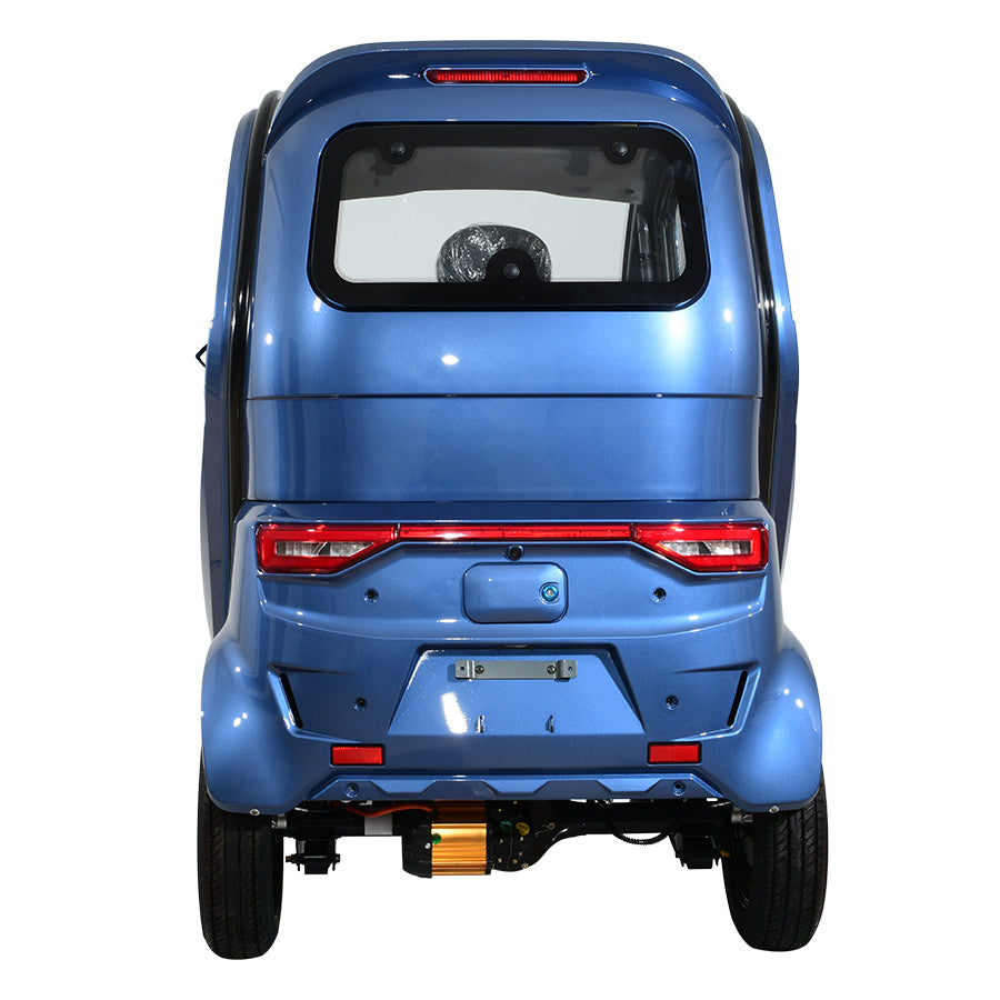 Blue compact electric vehicle, rear view