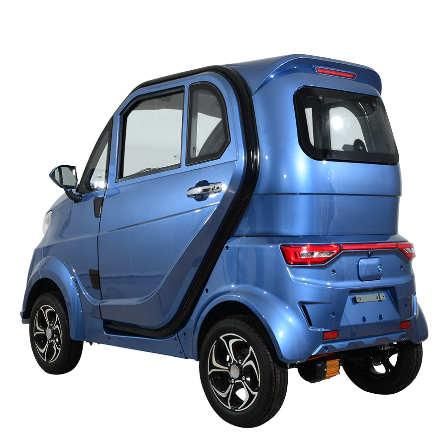 Blue compact electric vehicle, rear side view