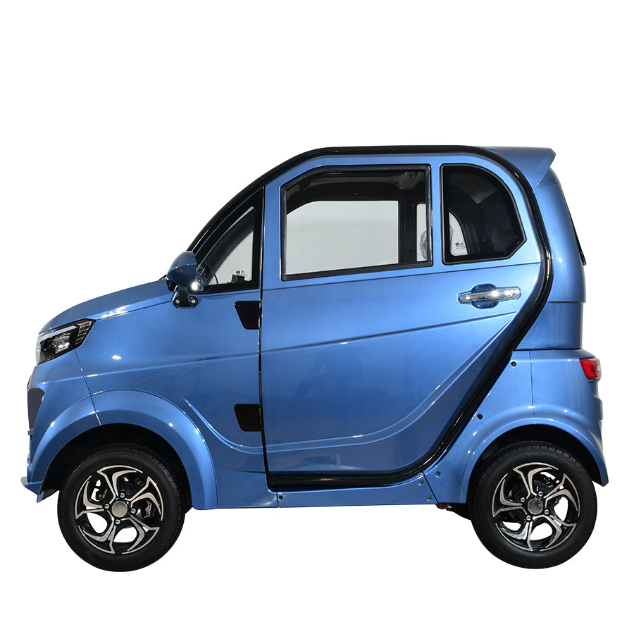 Blue compact electric vehicle, side profile