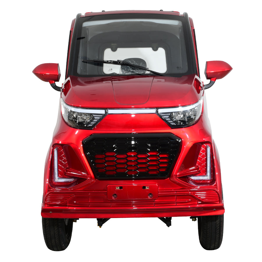 Red compact electric vehicle, front view