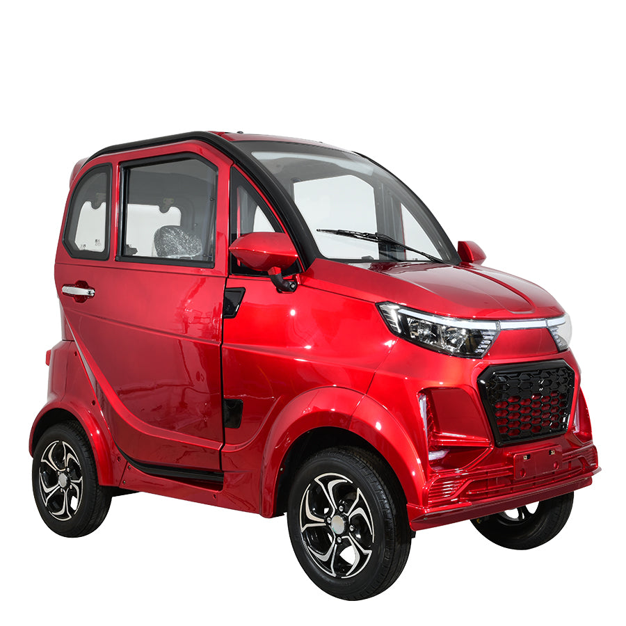 Red compact electric vehicle, angled view