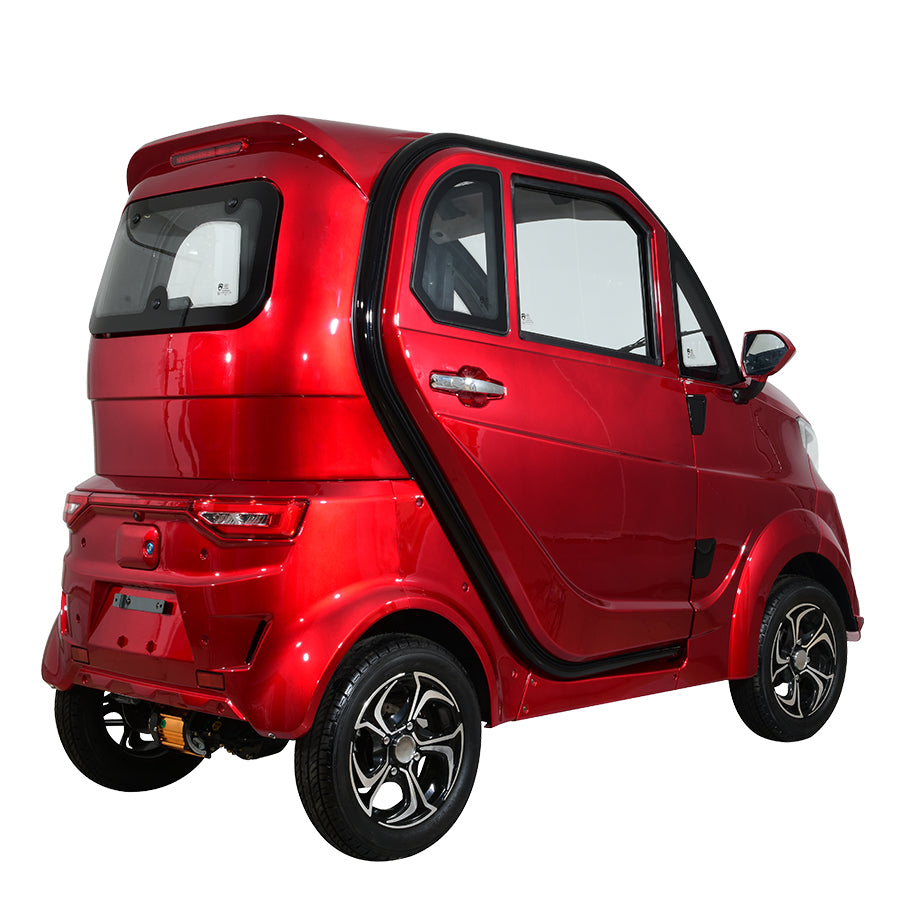 Red compact electric vehicle, rear angled view