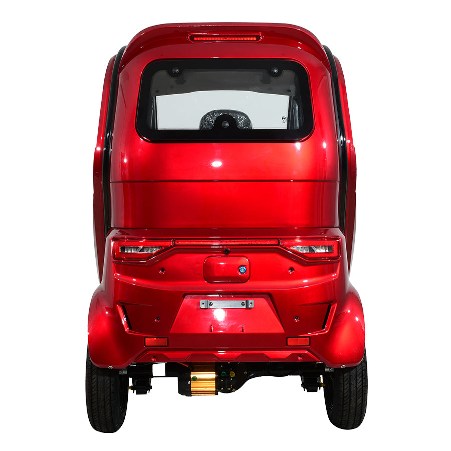 Red compact electric vehicle, rear view