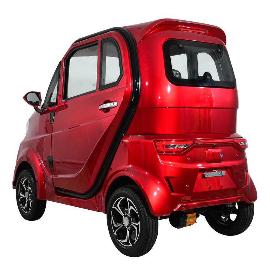Red compact electric vehicle, rear side view