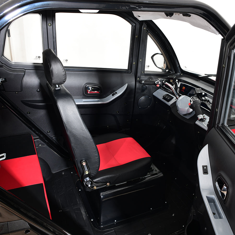 Interior view of compact electric vehicle, driver seat