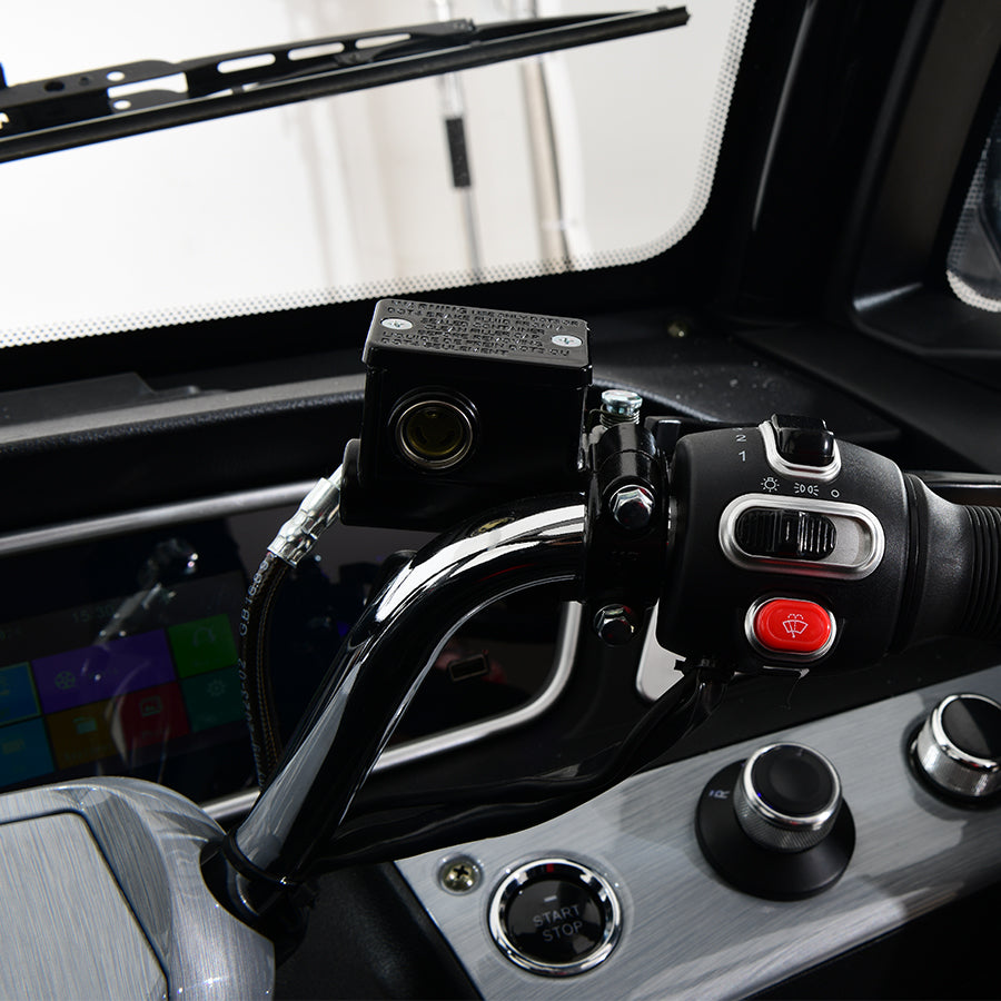 Steering controls of compact electric vehicle, close-up