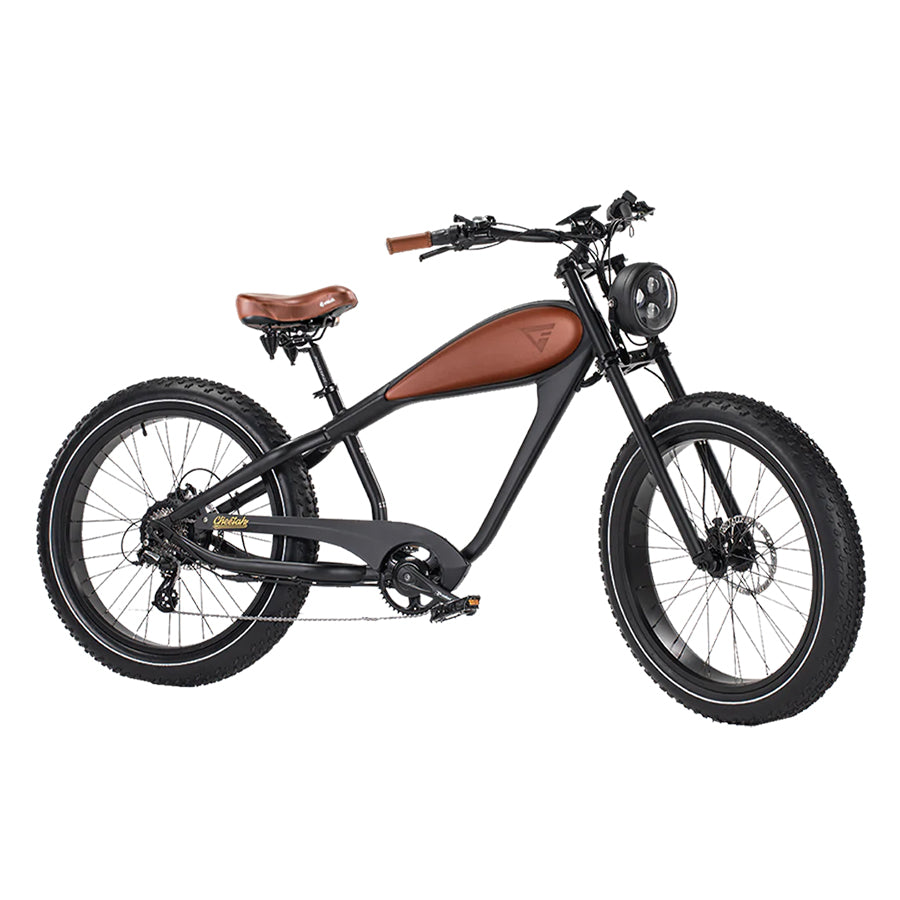 Brown Revi Bikes Cheetah Plus, 750W electric chopper-style bike with fat tires, angled view.