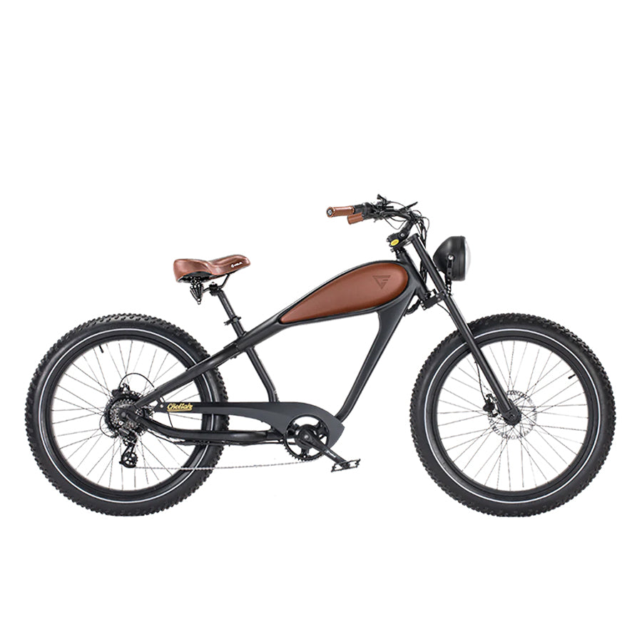 Brown Revi Bikes Cheetah Plus, 750W vintage chopper-like electric bike, right-facing.
