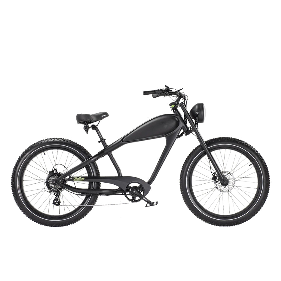 Black Revi Bikes Cheetah Plus, 750W vintage chopper-like electric bike, right-facing.