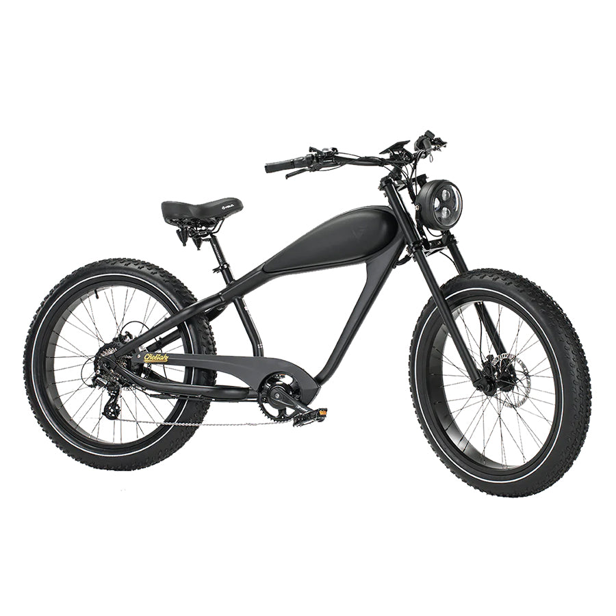Black Revi Bikes Cheetah Plus, 750W electric chopper-style bike with fat tires, angled view.