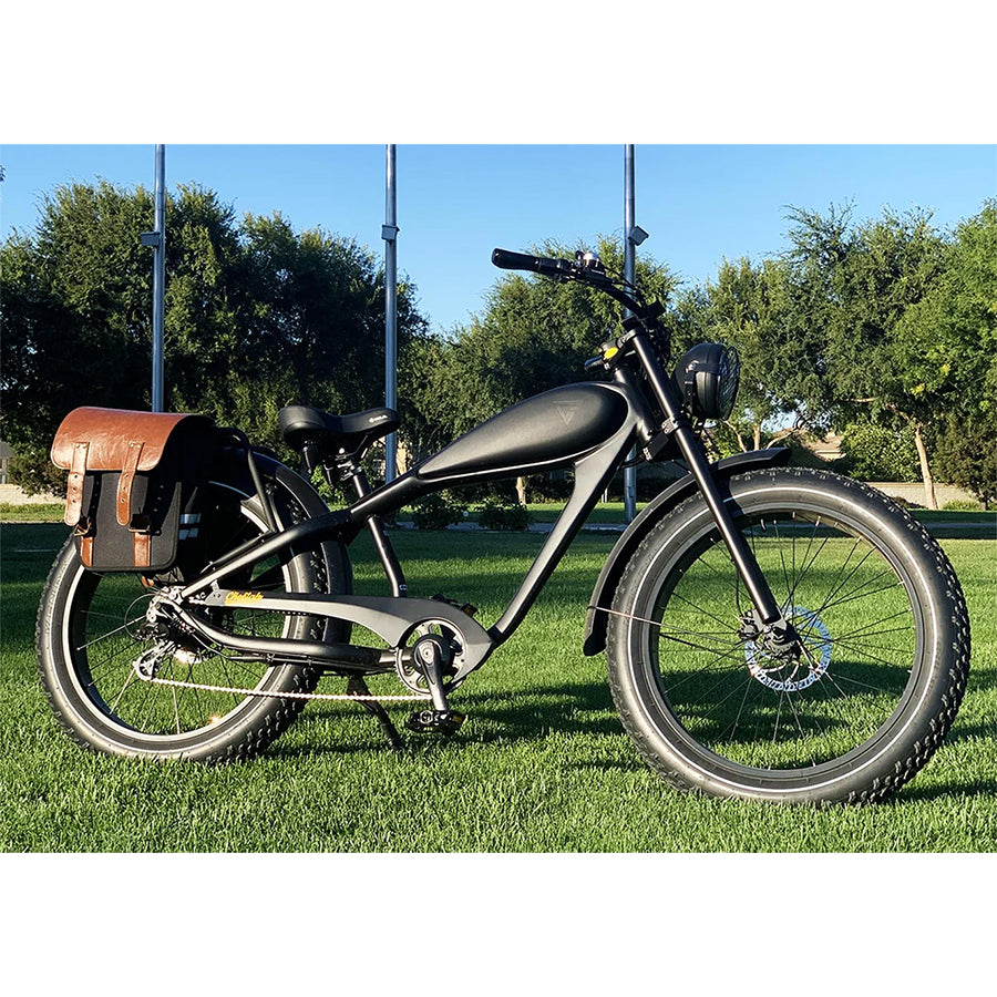 Black bike with saddle bag on the rear rack