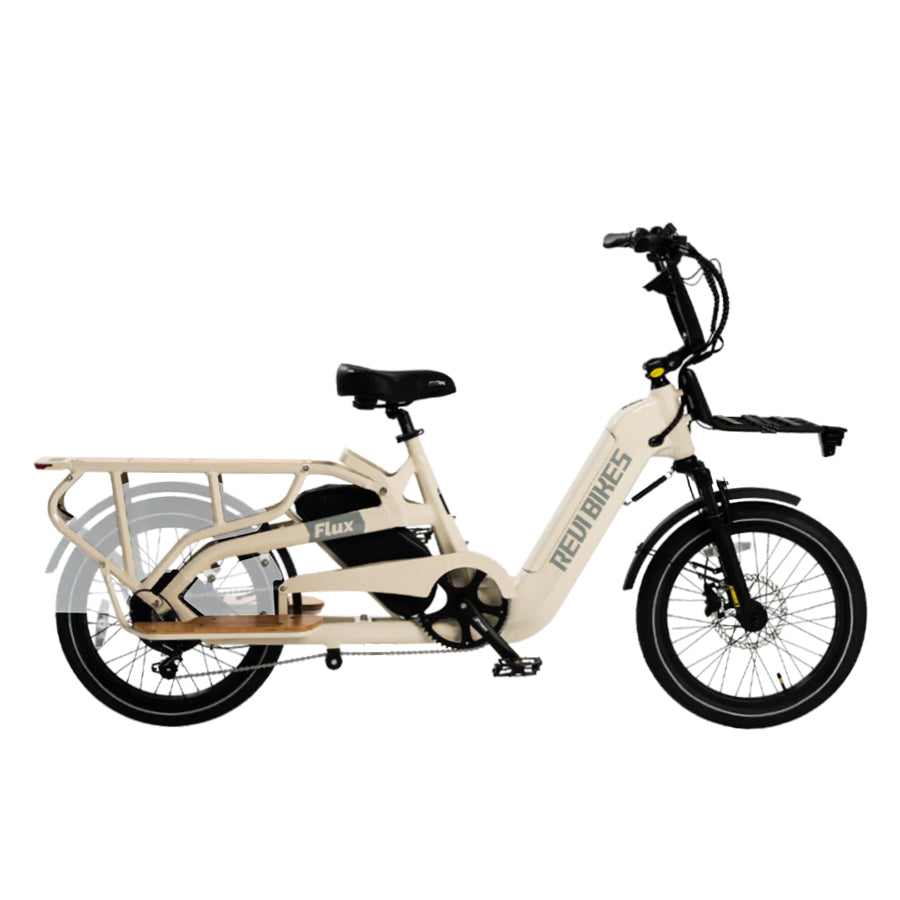 Cream Revi Bikes Flux, 750W cargo electric bike, right-facing.