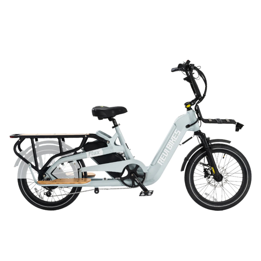 Grey Revi Bikes Flux, 750W cargo electric bike, right-facing.