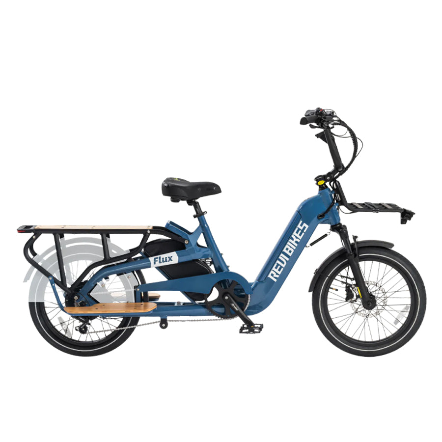 Navy Revi Bikes Flux, 750W cargo electric bike, right-facing.
