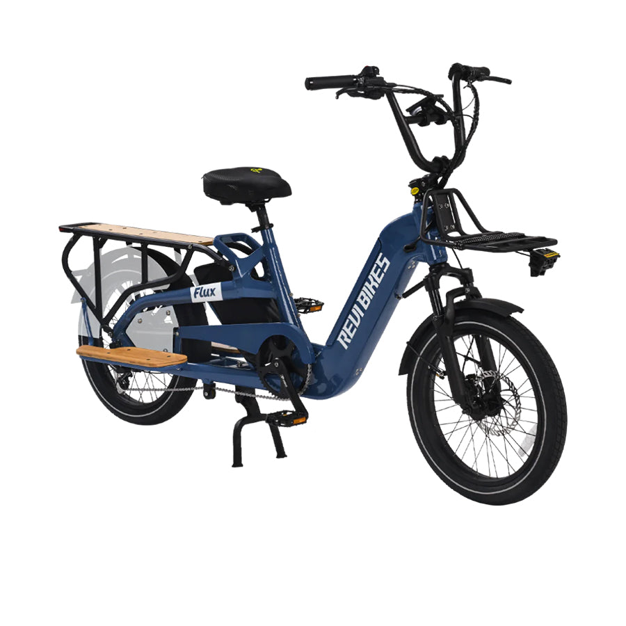 Navy Revi Bikes Flux, 750W electric cargo bike, angled view.