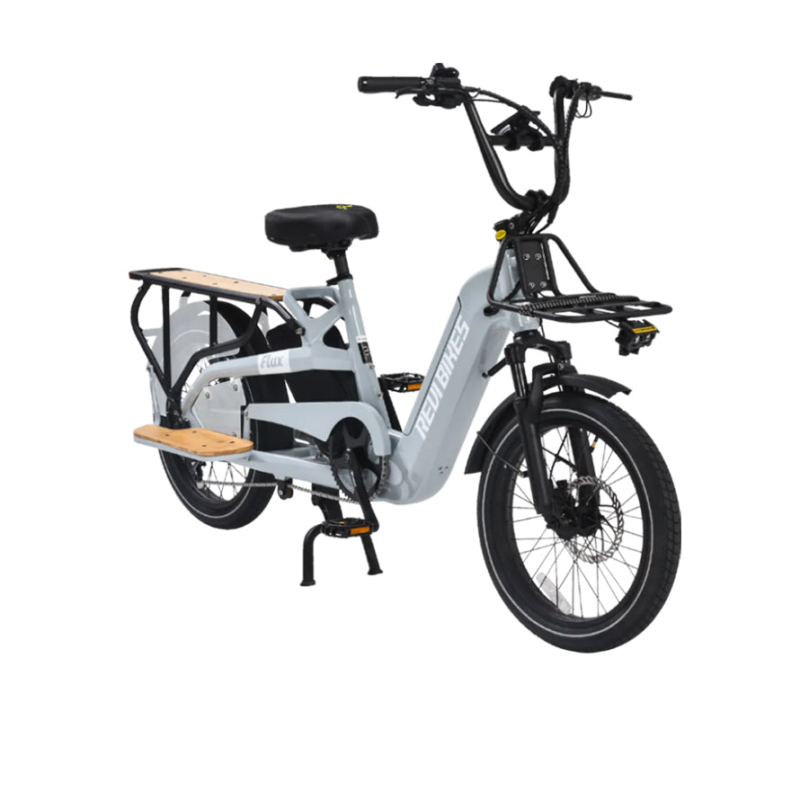 Grey Revi Bikes Flux, 750W electric cargo bike, angled view.