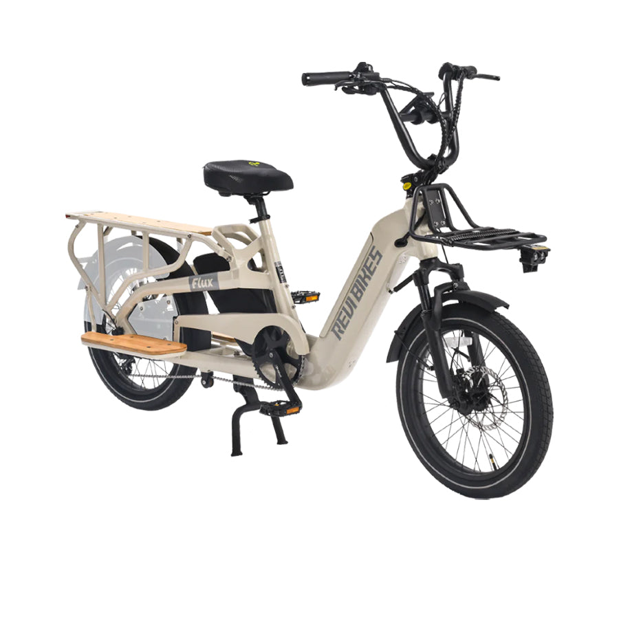 Cream Revi Bikes Flux, 750W electric cargo bike, angled view.
